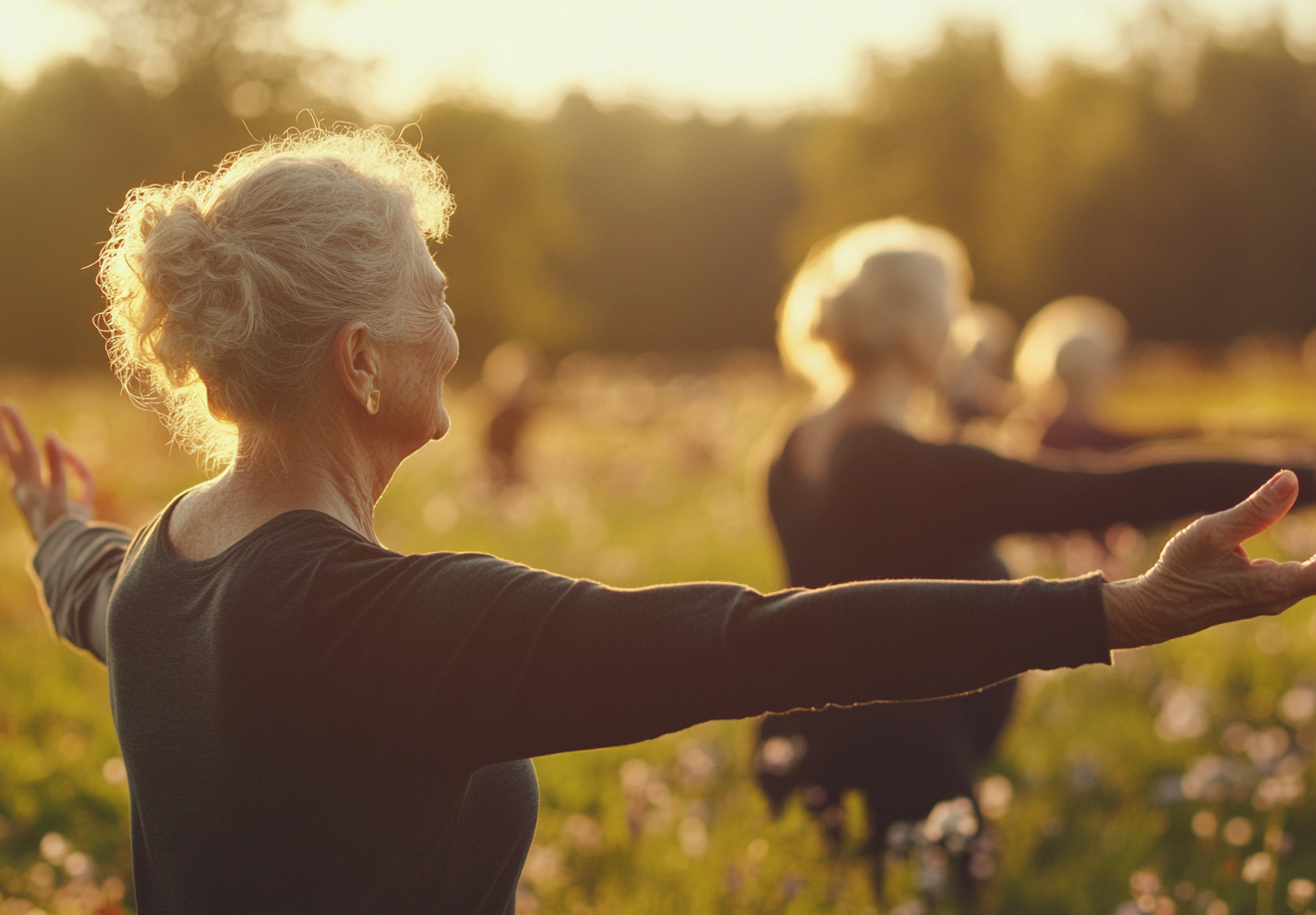 Пара старшого віку займається йогою на природі